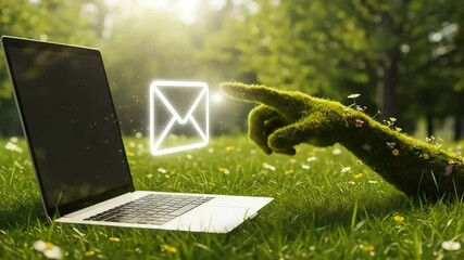 Green hand touching email icon on laptop screen in a natural outdoor setting - Powered by Adobe