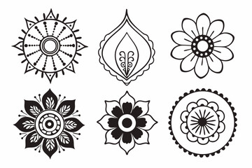Six black and white henna mandala flower designs