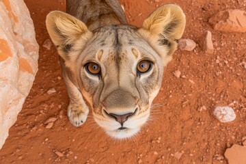 Lioness gazes curiously at the camera in a red desert landscape during daylight