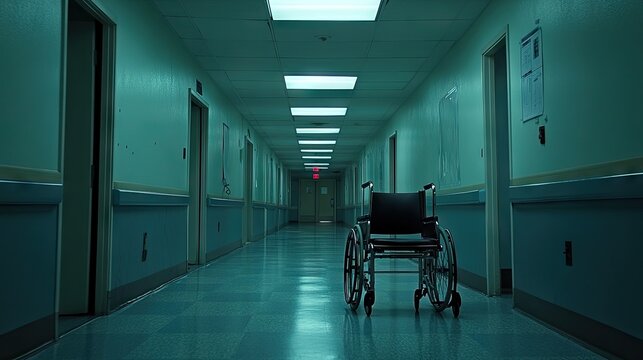 Empty hospital corridor with a wheelchair.