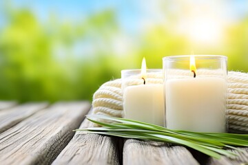 Create a calming atmosphere with burning candles and natural elements on a wooden surface