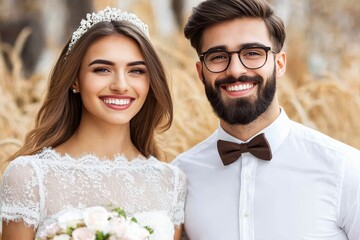 Wedding couple smiling together in a natural setting with golden grass during sunny weather