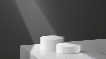 Minimalist 3D product podium with two white cylindrical platforms placed on a marble surface under a dramatic spotlight, set against a dark gradient background.