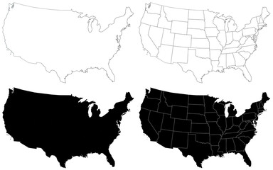 America map, United States administrative map, United States outline and States country map set - illustration version