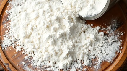 Whey protein powder in bowl on wooden table closeup view.
