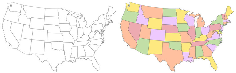 America map, United States administrative map, United States outline and States country map set - illustration version