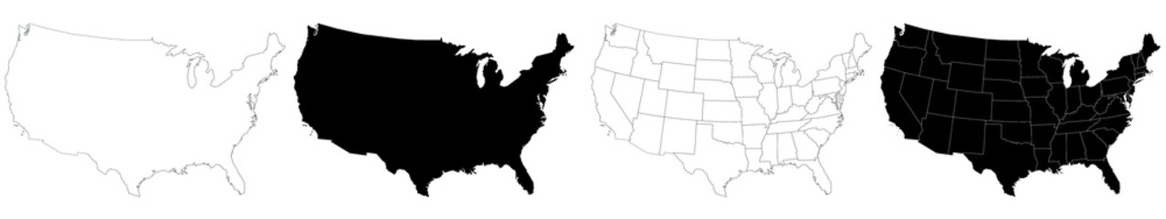 America map, United States administrative map, United States outline and States country map set - illustration version