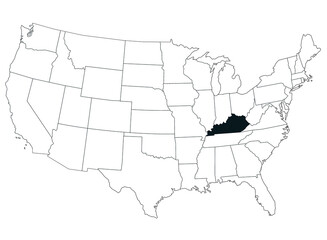 Map of kentucky State in United States country on white background. Single State map highlighted by black colour on United States of America map. UNITED STATES, US
