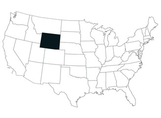 Map of wyoming State in United States country on white background. Single State map highlighted by black colour on United States of America map. UNITED STATES, US