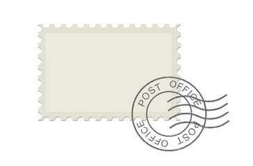 Blank postal stamp, seal and postmark. Postage stamp in grunge style. Empty mail delivery template.