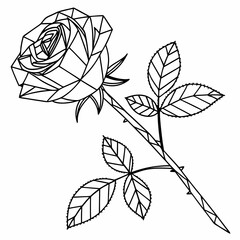 Classic Line Art Drawing of a Single Rose with Detailed Petals, Stem, and Leaves, for Timeless Floral and Romantic Designs