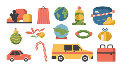 Naklejka premium Christmas icons set featuring colorful gifts, ornaments, cars, vans, earth globes, candy canes, shopping bags, winter hats, and abstract shapes on a transparent background