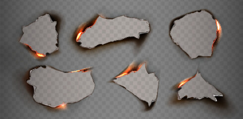 Fototapeta na wymiar Burning paper frame pieces set - torn hole edges with flame, flying burned scraps, realistic fire effect on transparent background. Damaged borders collection for banner, poster or promotion design.