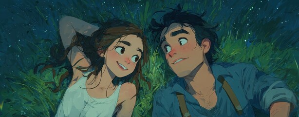 unplugged lifestyle companionship Romantic animated couple stargazing in a lush green field mindful digital-free interactions authentic moments without screens