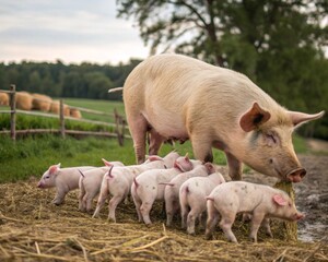 Pink domestic piglets in mud on a farm