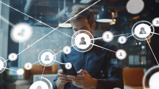 Young man uses smartphone with social media network, connecting icons floating around - Powered by Adobe