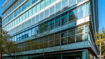 Modern glass office building exterior on a sunny day establishing shot