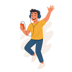 young man with headphones listening music. A man dancing and enjoying music flat vector illustration