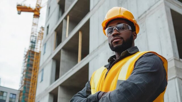 Architectural Prowess: A focused constructor, clad in a yellow safety vest and helmet, his face showing determination, stands steadfastly near a towering high-rise.