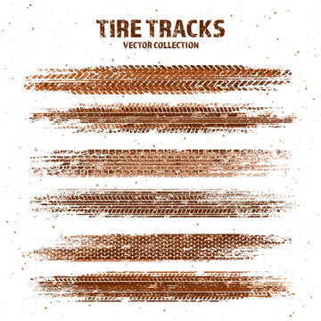 Grunge tire tracks with mud splatters, dirty wheel braking marks. Truck, car, or motorcycle tread pattern silhouettes. Perfect for off-road, motorsport, and racing designs. Vector illustration