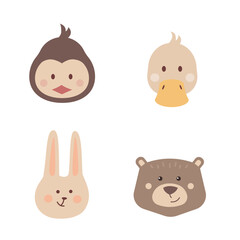 Set of cute cartoon animals heads isolated on white. Funny muzzles of penguin, duckling, rabbit and bear. Collection of nice kids characters. Vector illustration in a flat style.
