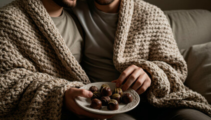 Two gay men on a couch under a cozy blanket holding a plate of chocolate truffles, celebrating World Chocolate Day.