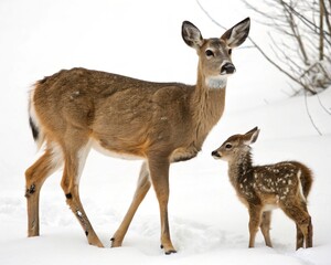 Fototapeta premium Graceful white-tailed deer and adorable fawns roam freely in their natural forest habitat, often seen standing in snow-covered winter landscapes or amidst brown fallow grass