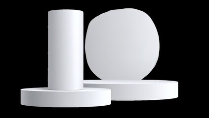 Three white, simple, geometric podiums