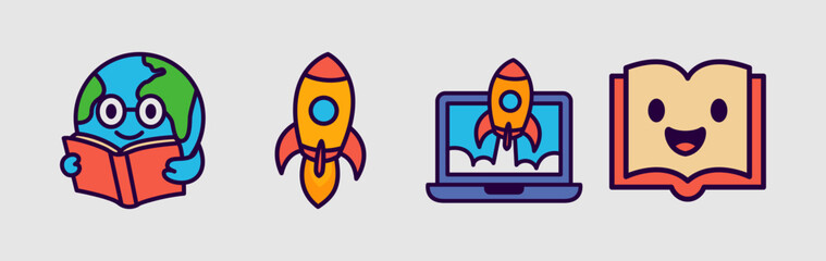 Cartoon Fun Education Mascot Icons. Fun Learning Characters, Book, Robot, Rocket, VR, Earth, Owl,Bag