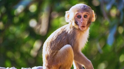 A cute, small, wild squirrel monkey baby with fur face on a green branch in the tropical rainforest of South America