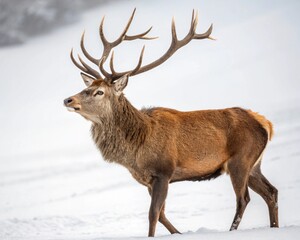 Obraz premium Snow-covered wild deer with prominent antlers in winter nature