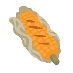 Flat cartoon grilled corn with husk, perfect for barbecue, picnic, harvest and cooking designs.