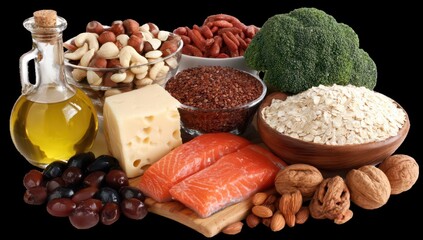 Assorted healthy food items, including nuts, seeds, grains, fish, cheese, and oil