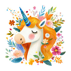 Obraz premium PNG Cute watercolor unicorn with closed eyes and rainbow horn illustration colorful flowers.