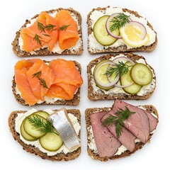 Nordic smørrebrød (open-faced sandwiches) with various toppings like smoked salmon, pickled herring, and roast beef on rye bread,