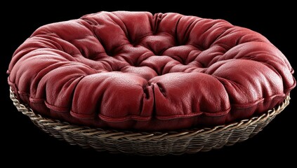 Round, red, leather-like cushion in a wicker basket