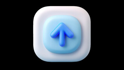 3D upward-pointing blue arrow icon, light-blue square button, white outline
