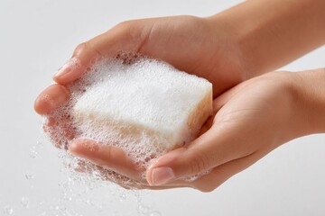 Woman washing hands with soap on color background	