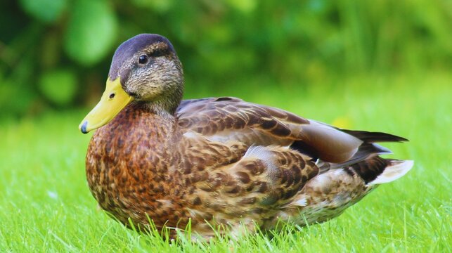 A brown mallard duck, a wild waterfowl bird, rests in the green grass of nature near a lake