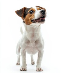 Adorable small dog with brown and white fur, happy expression, alert ears, and bright eyes standing on a white background, full body shot
