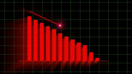 Animated digital red bar chart showing a decreasing trend in business performance for financial loss and analysis visuals. Bar chart animation with decreasing trend perfect for financial downturn. - Powered by Adobe