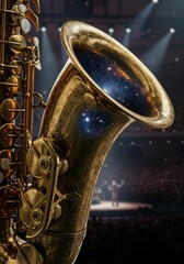 Close up of a saxophone horn with a galaxy inside depicting the concept of how music is boundless, for world music day and abstract concepts.