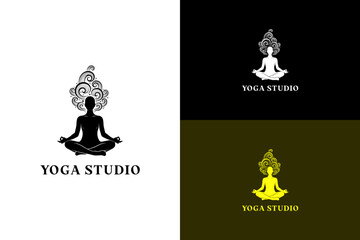 vector illustration of woman sitting cross legged with rising wave patterns, logo for mental health, meditation, peaceful, mindfulness, therapy, exercise, yoga studio, and more