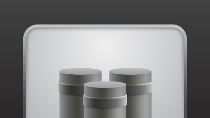 Minimalist 3D podium with three metallic cylinders in front of rounded rectangular background, perfect for product showcase and branding.