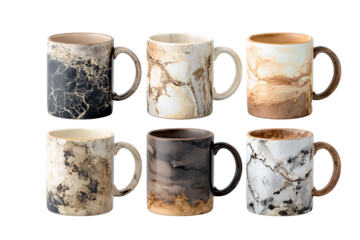 Six Marble-Patterned Ceramic Coffee Mugs in Earth Tones, PNG