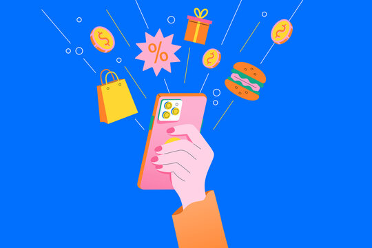 Hand Holding Smartphone With Shopping Icons And Discounts