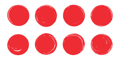 Japanese red circles. Japan crayon brush sun. Hand drawn Asian round set. Rough grunge frames, watercolor borders, scribbles. Ink brush Chinese paint. Calligraphy sunset icons. Isolated vector illustr