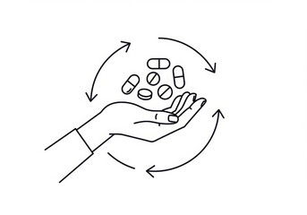 Hand holding pills with circular arrows around it