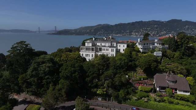 4K Aerial Drone Footage of Tiburon, California Homes with Golden Gate Bridge, San Francisco Bay, and Marin Headlands in Background
