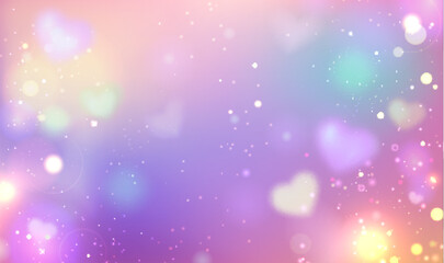 Pastel rainbow gradient background with white glitter, bokeh lights and sparkles. Dreamy magical shimmering fairy tale backdrop for fantasy designs, girly party invitations, unicorn themed decor. © klyaksun